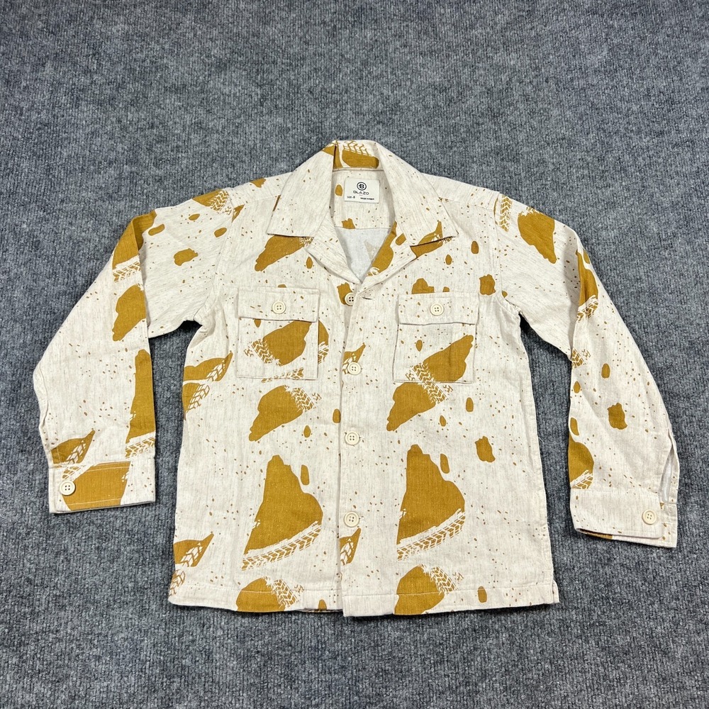 Blazo Hawaiian Shirt Boys 8 Beige Splatter Print Cotton Camp Collar‎ Button Up